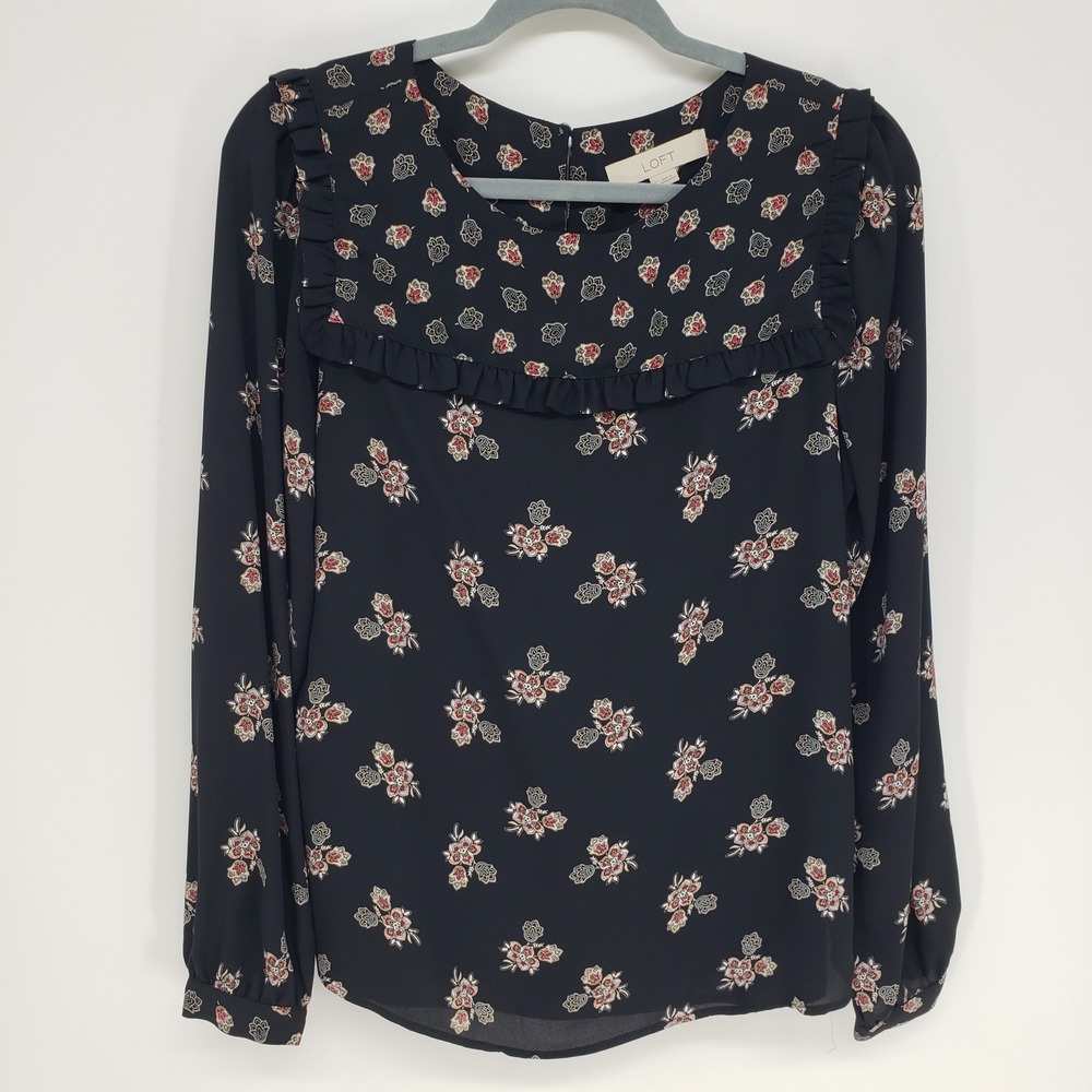 LOFT Floral Print Ruffle Yoke Blouse Women Size Small Black Long Sleeve Top Boho